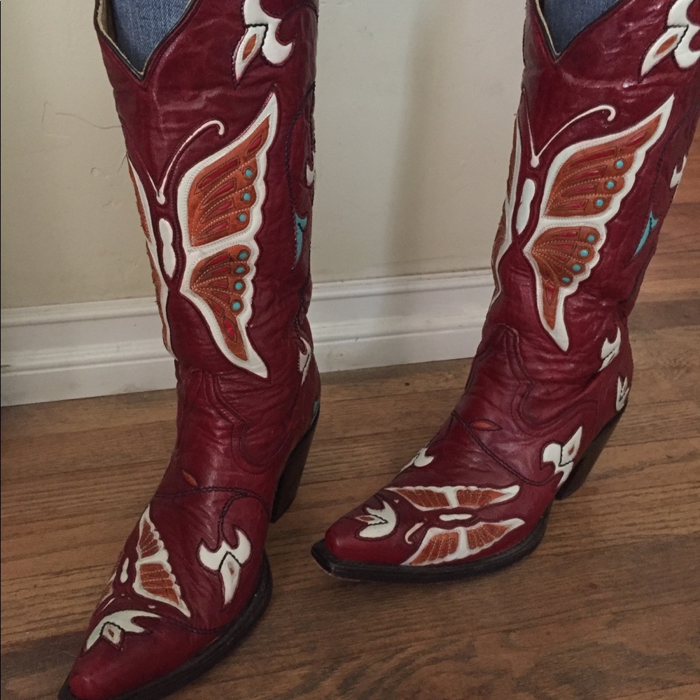 Corral butterfly inlay red leather cowboy boots